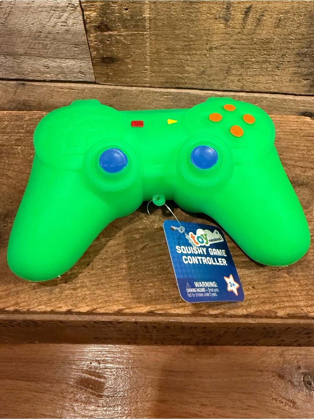 Bright Green Squishy Game Controller Toy with Blue Joysticks